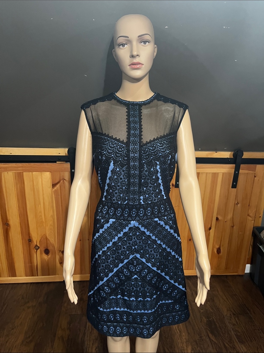 Tadashi Shoji Black Lace Overlay Mini Dress with Blue Lining